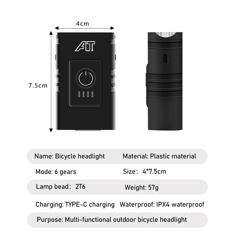 Luce Anteriore per Bicicletta LED T6 Ricaricabile Type-C - Faro Impermeabile con 6 Modalità di Illuminazione