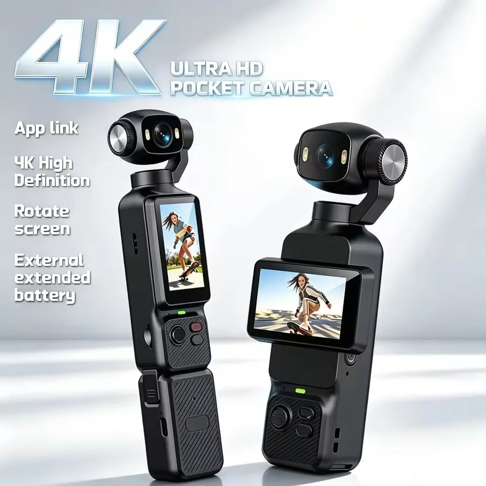 Nuova Action Camera 4K Portatile con Gimbal, Lente Rotante a 180°, Anti-Vibrazione, Fotocamera Tascabile per Vlog con Luce di Riempimento per Sport all'Aperto