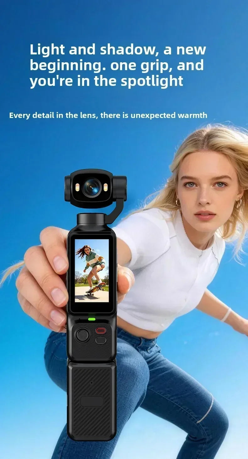 Nuova Action Camera 4K Portatile con Gimbal, Lente Rotante a 180°, Anti-Vibrazione, Fotocamera Tascabile per Vlog con Luce di Riempimento per Sport all'Aperto