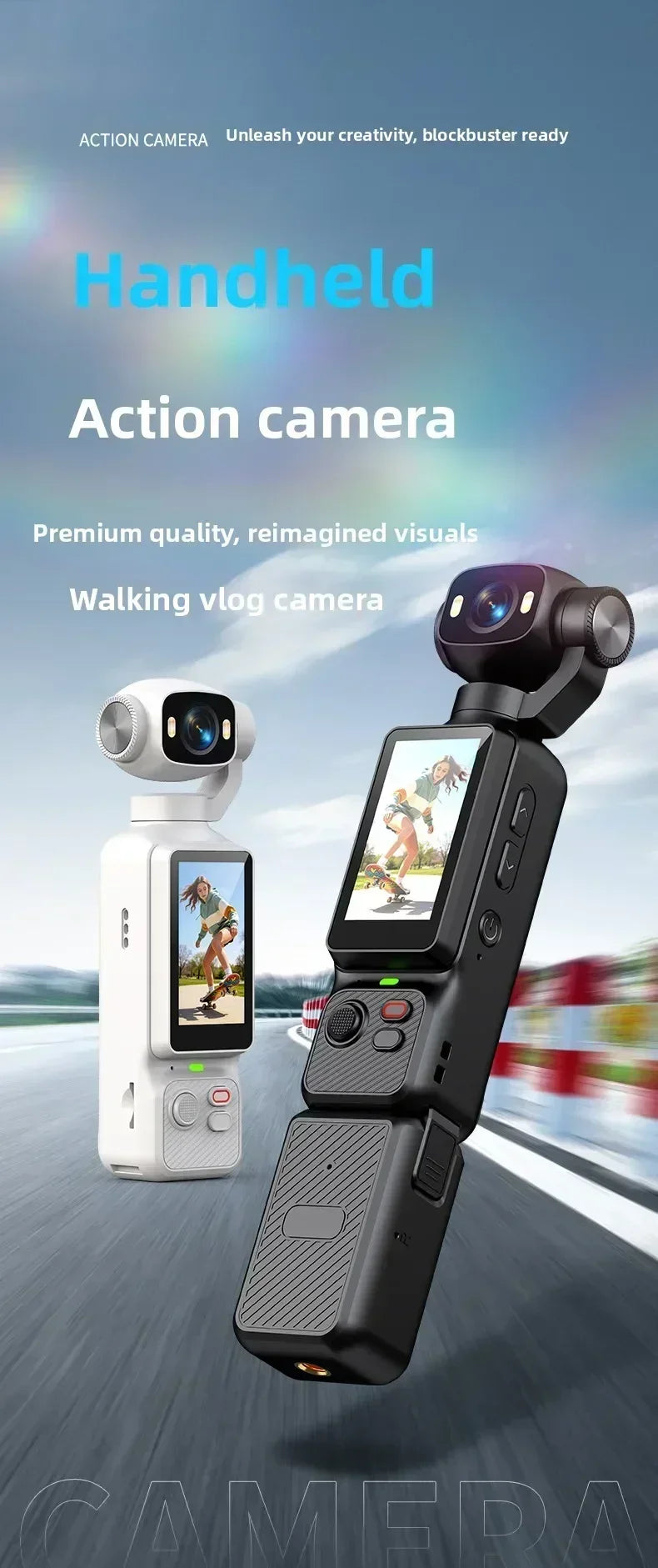 Nuova Action Camera 4K Portatile con Gimbal, Lente Rotante a 180°, Anti-Vibrazione, Fotocamera Tascabile per Vlog con Luce di Riempimento per Sport all'Aperto