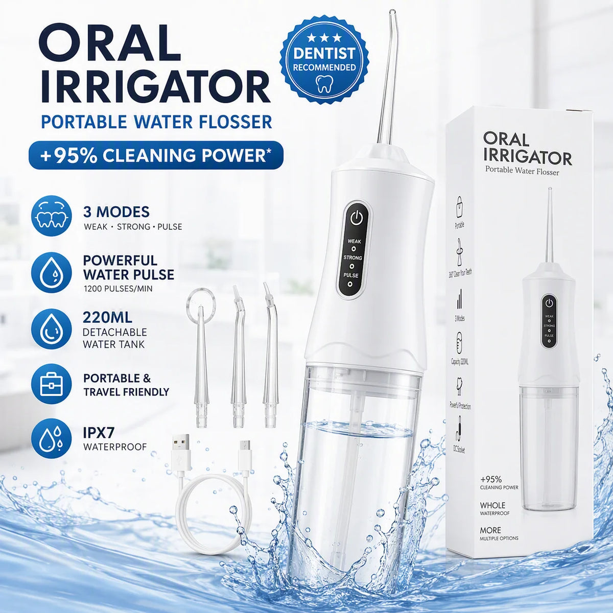Idropulsore Dentale Portatile con 3 Modalità e 4 Ugelli - Idropulitore per Pulizia e Sbiancamento Denti