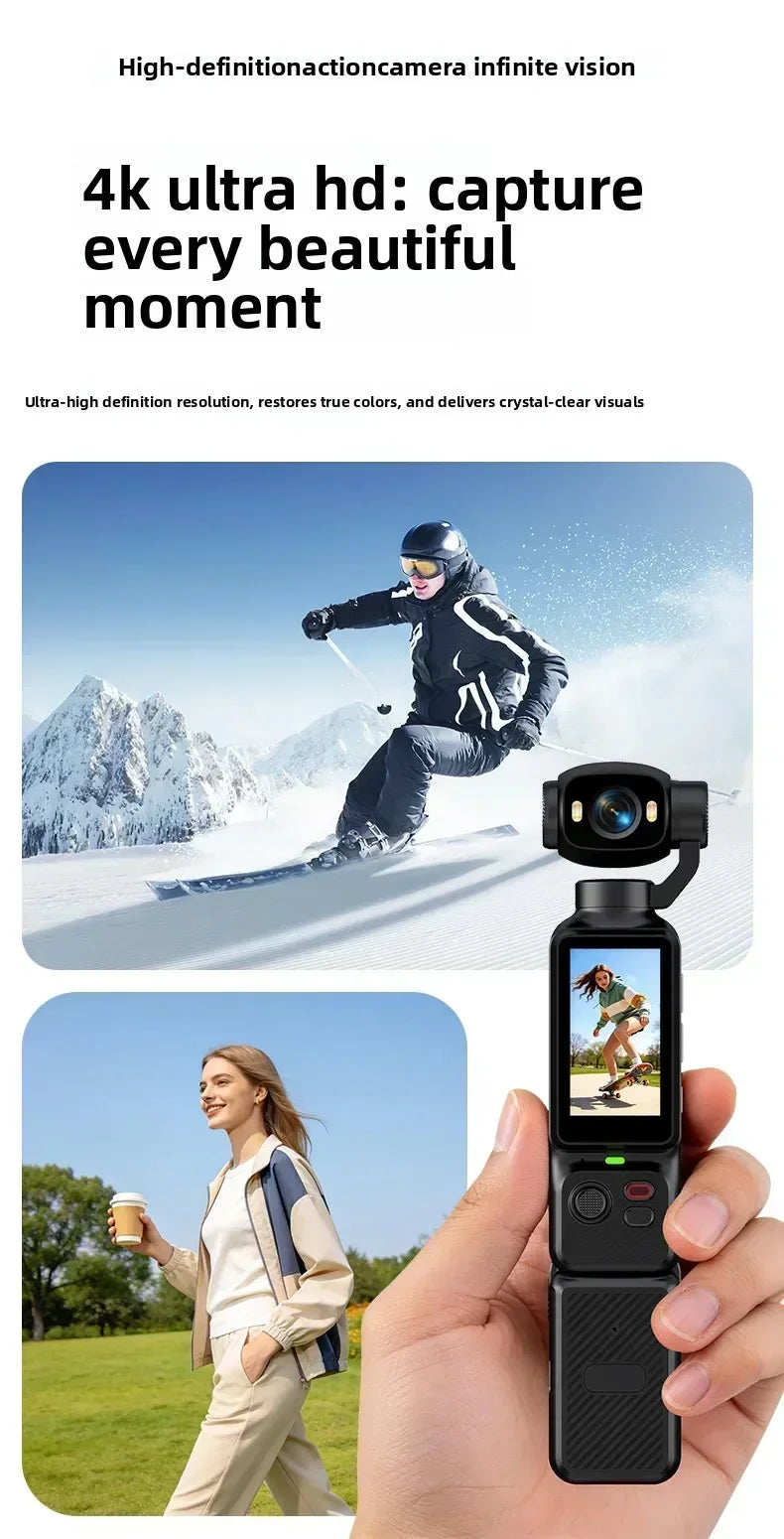 Nuova Action Camera 4K Portatile con Gimbal, Lente Rotante a 180°, Anti-Vibrazione, Fotocamera Tascabile per Vlog con Luce di Riempimento per Sport all'Aperto