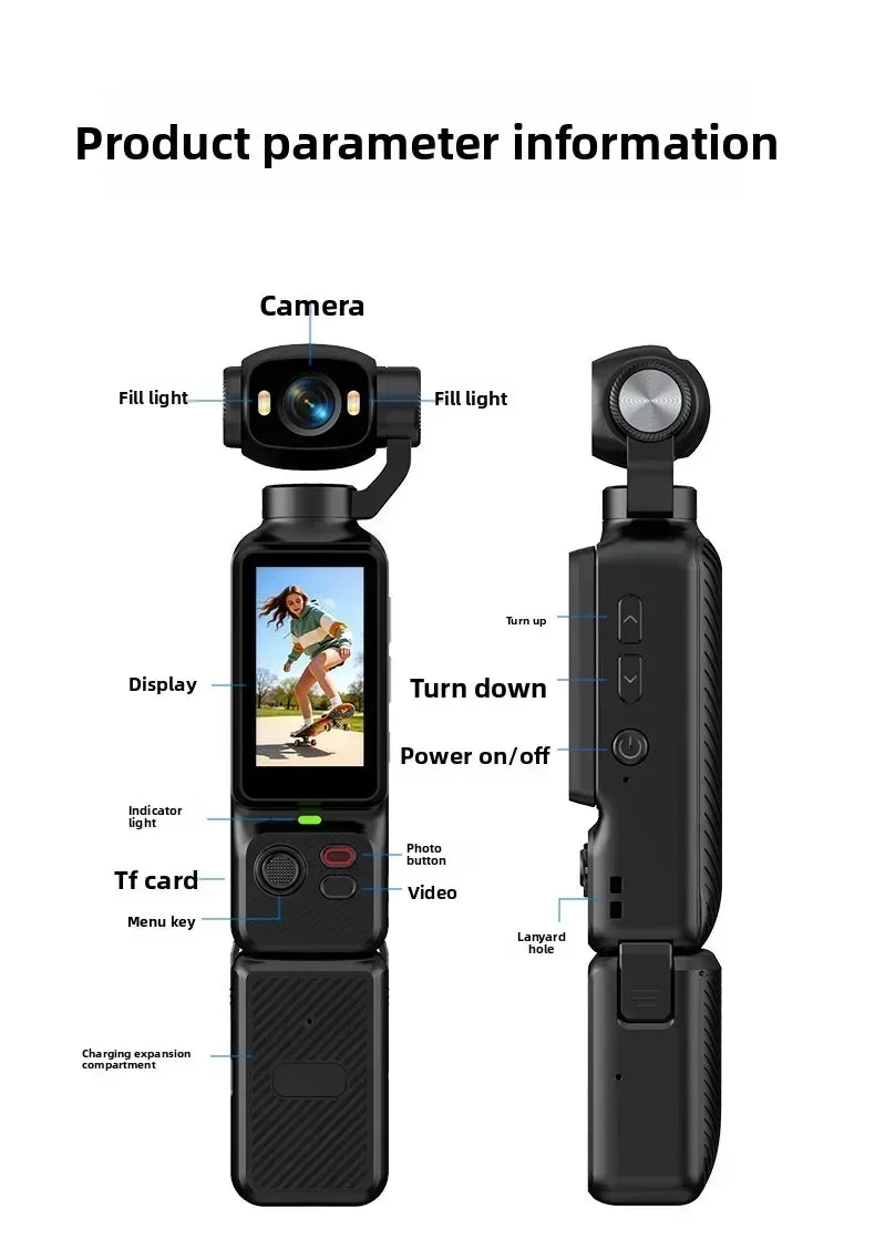 Nuova Action Camera 4K Portatile con Gimbal, Lente Rotante a 180°, Anti-Vibrazione, Fotocamera Tascabile per Vlog con Luce di Riempimento per Sport all'Aperto
