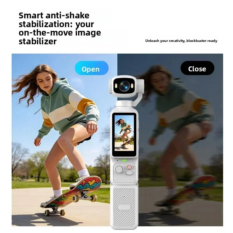 Nuova Action Camera 4K Portatile con Gimbal, Lente Rotante a 180°, Anti-Vibrazione, Fotocamera Tascabile per Vlog con Luce di Riempimento per Sport all'Aperto
