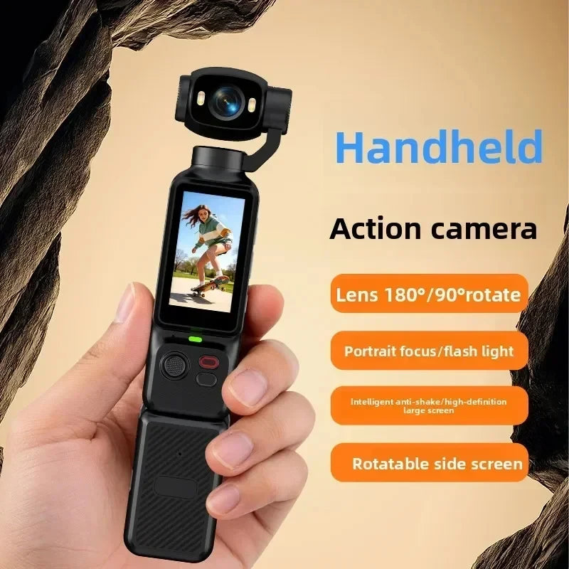 Nuova Action Camera 4K Portatile con Gimbal, Lente Rotante a 180°, Anti-Vibrazione, Fotocamera Tascabile per Vlog con Luce di Riempimento per Sport all'Aperto