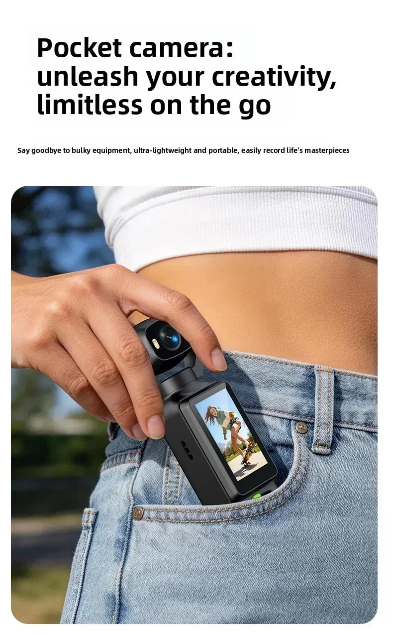 Nuova Action Camera 4K Portatile con Gimbal, Lente Rotante a 180°, Anti-Vibrazione, Fotocamera Tascabile per Vlog con Luce di Riempimento per Sport all'Aperto