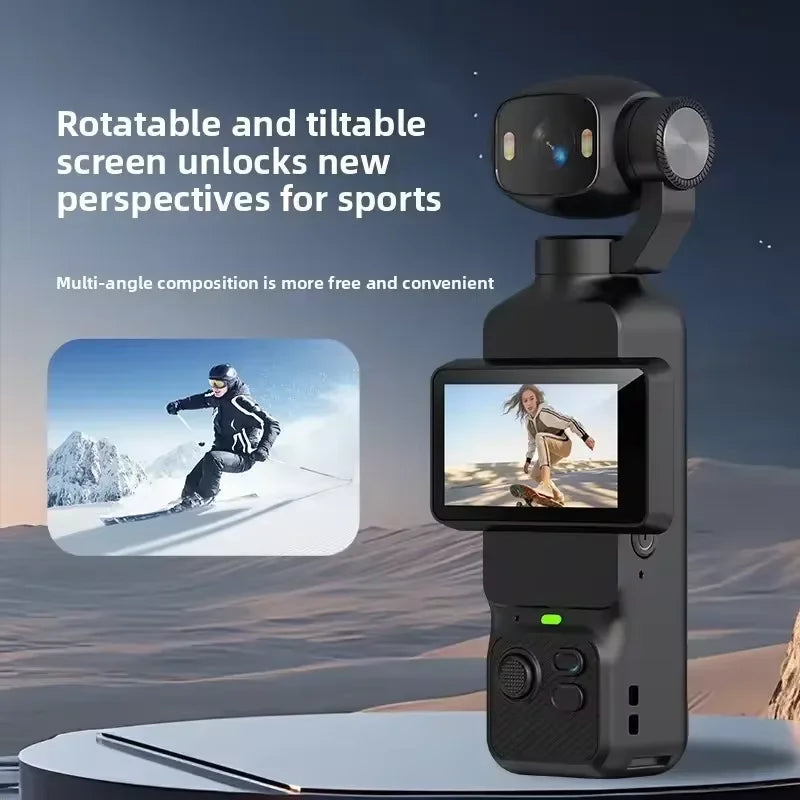 Nuova Action Camera 4K Portatile con Gimbal, Lente Rotante a 180°, Anti-Vibrazione, Fotocamera Tascabile per Vlog con Luce di Riempimento per Sport all'Aperto