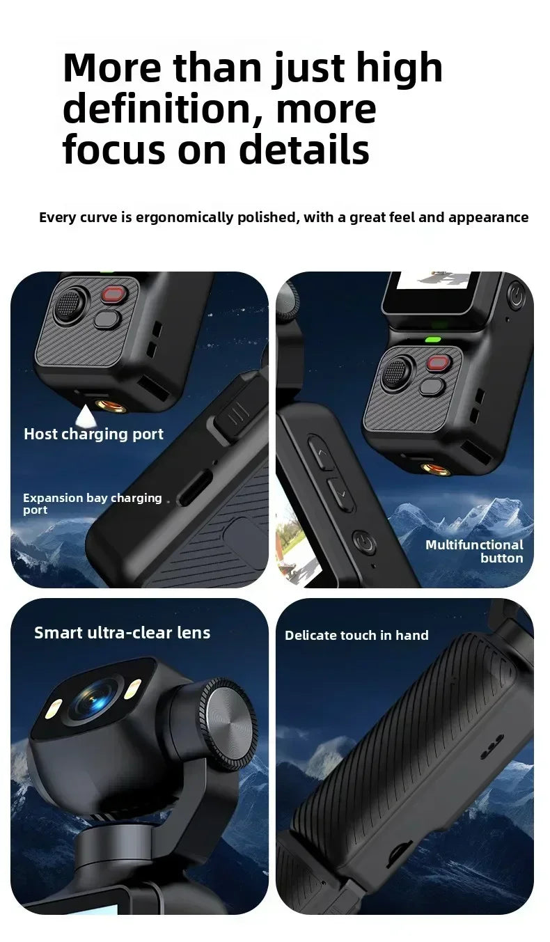 Nuova Action Camera 4K Portatile con Gimbal, Lente Rotante a 180°, Anti-Vibrazione, Fotocamera Tascabile per Vlog con Luce di Riempimento per Sport all'Aperto