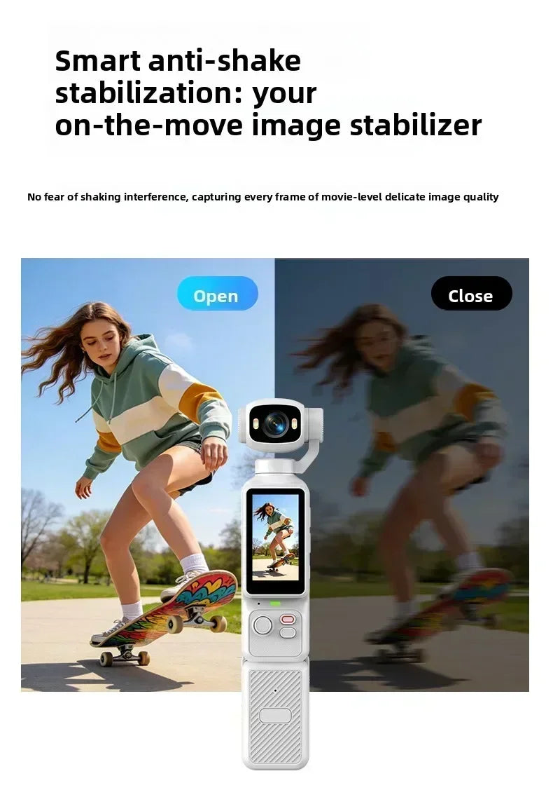 Nuova Action Camera 4K Portatile con Gimbal, Lente Rotante a 180°, Anti-Vibrazione, Fotocamera Tascabile per Vlog con Luce di Riempimento per Sport all'Aperto
