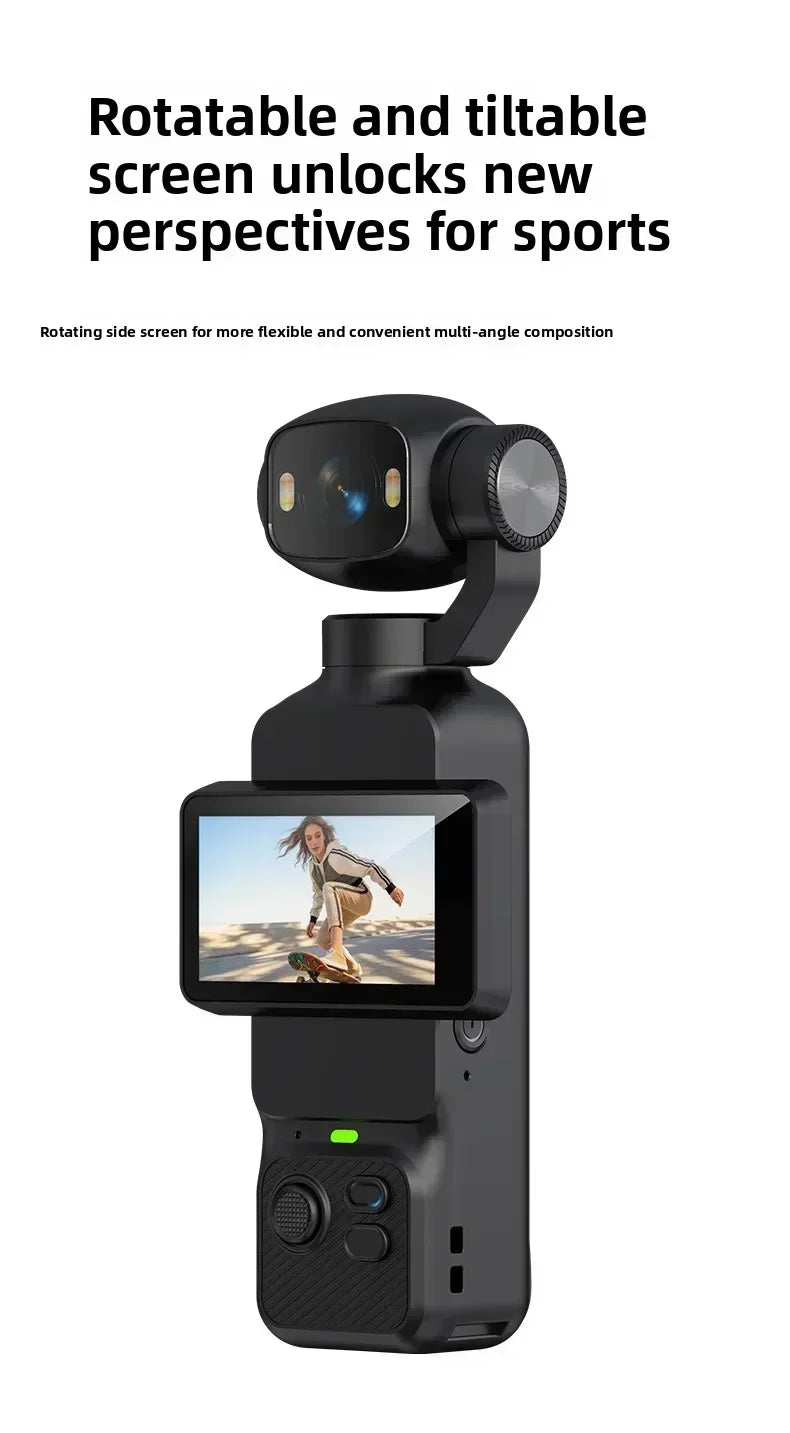 Nuova Action Camera 4K Portatile con Gimbal, Lente Rotante a 180°, Anti-Vibrazione, Fotocamera Tascabile per Vlog con Luce di Riempimento per Sport all'Aperto