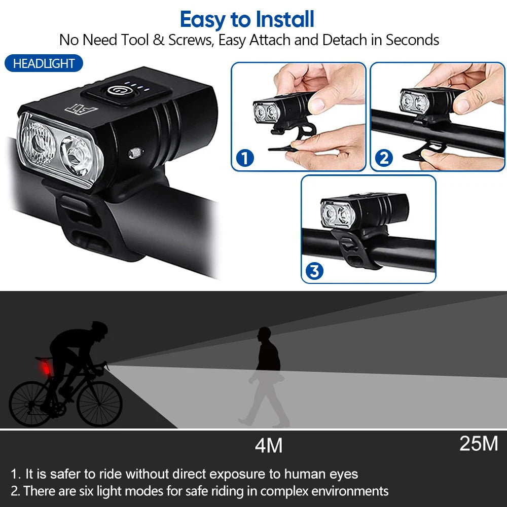Luce Anteriore per Bicicletta LED T6 Ricaricabile Type-C - Faro Impermeabile con 6 Modalità di Illuminazione