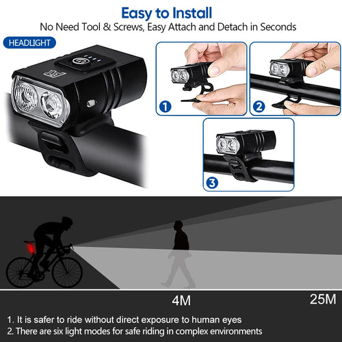 Luce Anteriore per Bicicletta LED T6 Ricaricabile Type-C - Faro Impermeabile con 6 Modalità di Illuminazione