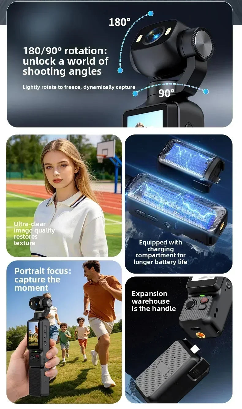 Nuova Action Camera 4K Portatile con Gimbal, Lente Rotante a 180°, Anti-Vibrazione, Fotocamera Tascabile per Vlog con Luce di Riempimento per Sport all'Aperto