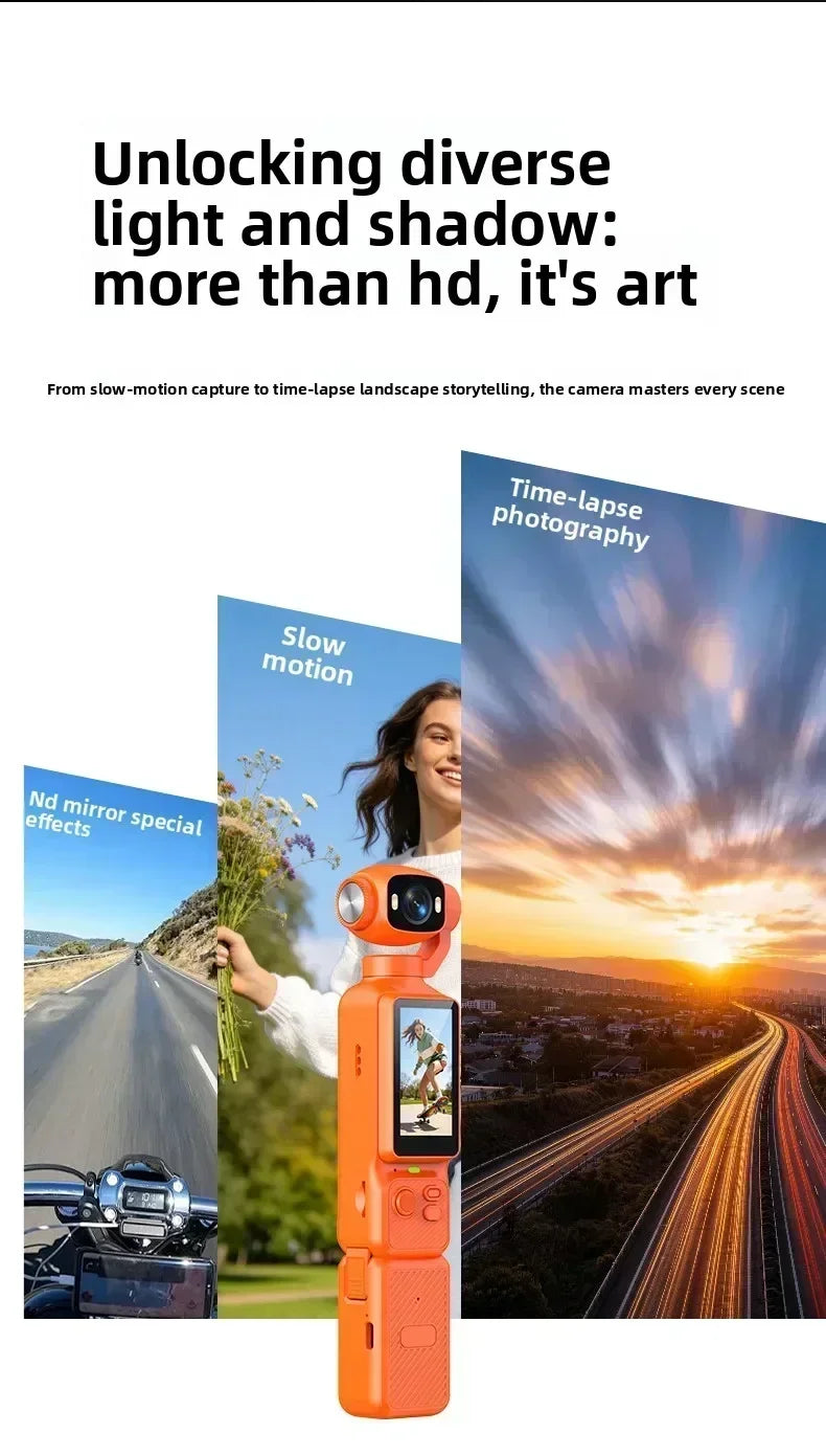 Nuova Action Camera 4K Portatile con Gimbal, Lente Rotante a 180°, Anti-Vibrazione, Fotocamera Tascabile per Vlog con Luce di Riempimento per Sport all'Aperto
