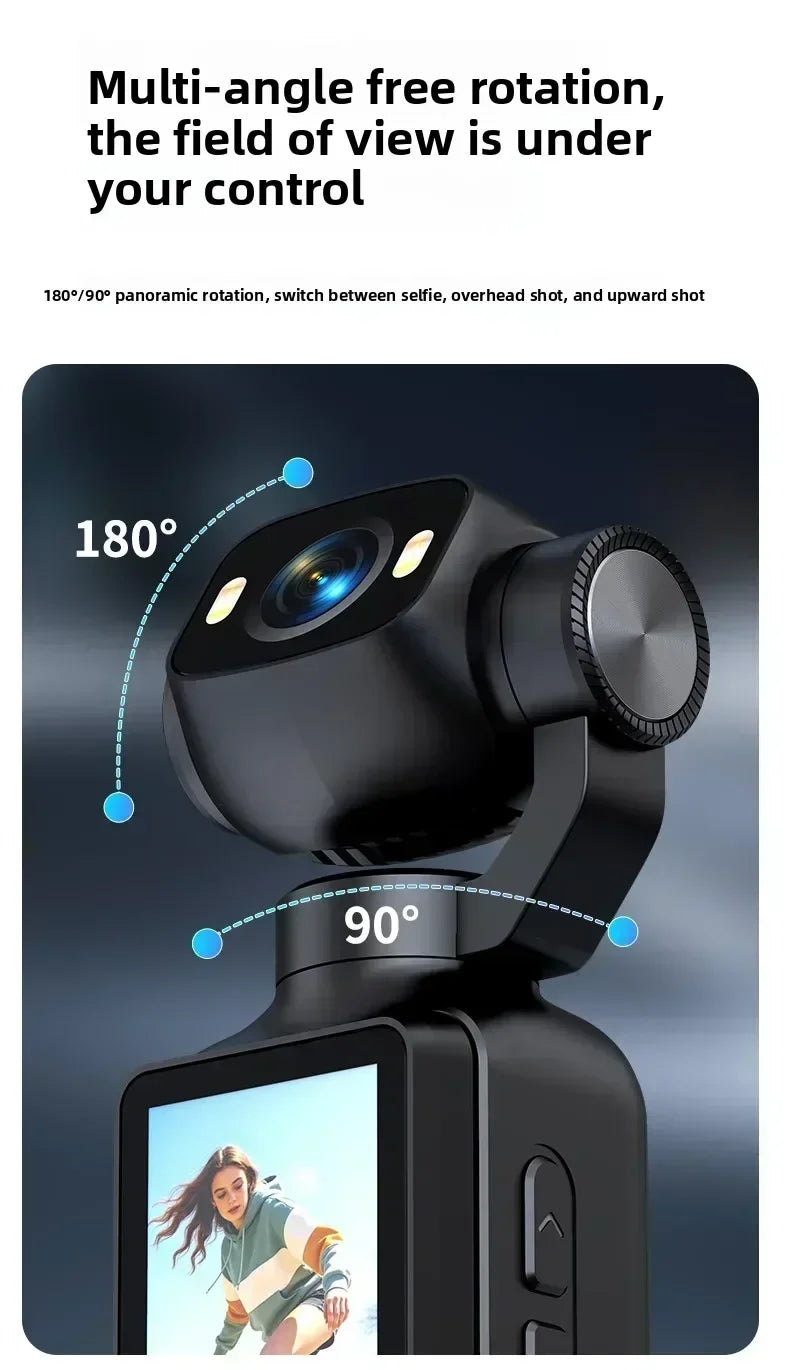 Nuova Action Camera 4K Portatile con Gimbal, Lente Rotante a 180°, Anti-Vibrazione, Fotocamera Tascabile per Vlog con Luce di Riempimento per Sport all'Aperto