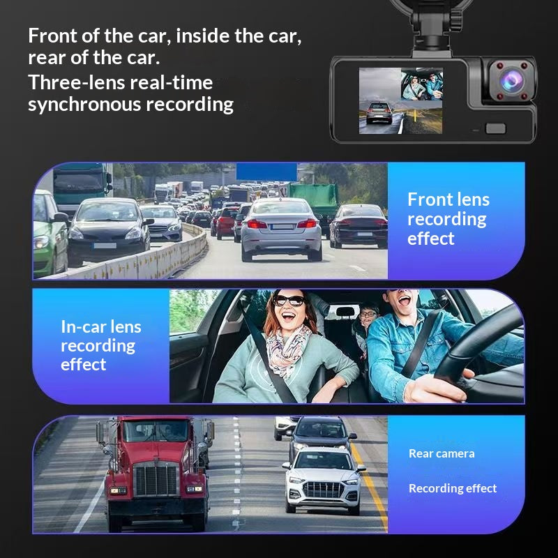 Dashcam per Auto a 3 Obiettivi da 2 Pollici - HD 1080P con Visione Notturna