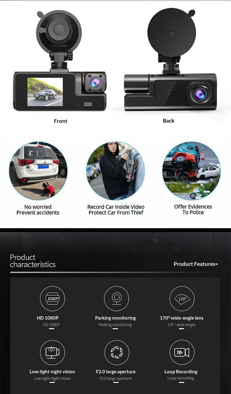 Dashcam per Auto a 3 Obiettivi da 2 Pollici - HD 1080P con Visione Notturna