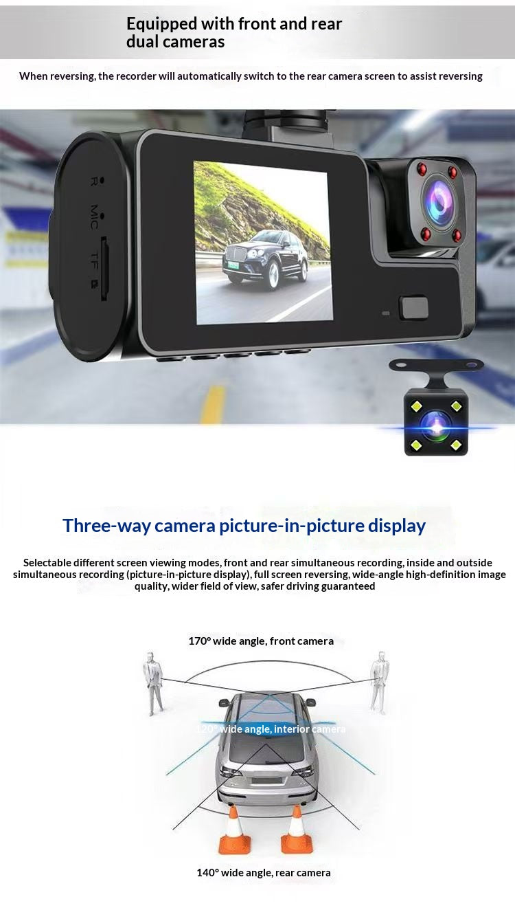 Dashcam per Auto a 3 Obiettivi da 2 Pollici - HD 1080P con Visione Notturna