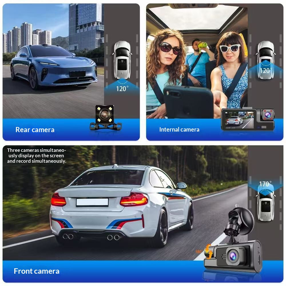 Dashcam per Auto a 3 Obiettivi da 2 Pollici - HD 1080P con Visione Notturna