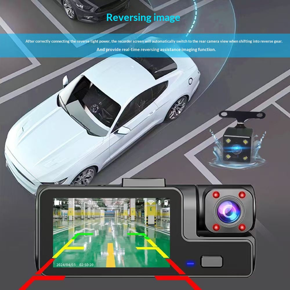 Dashcam per Auto a 3 Obiettivi da 2 Pollici - HD 1080P con Visione Notturna