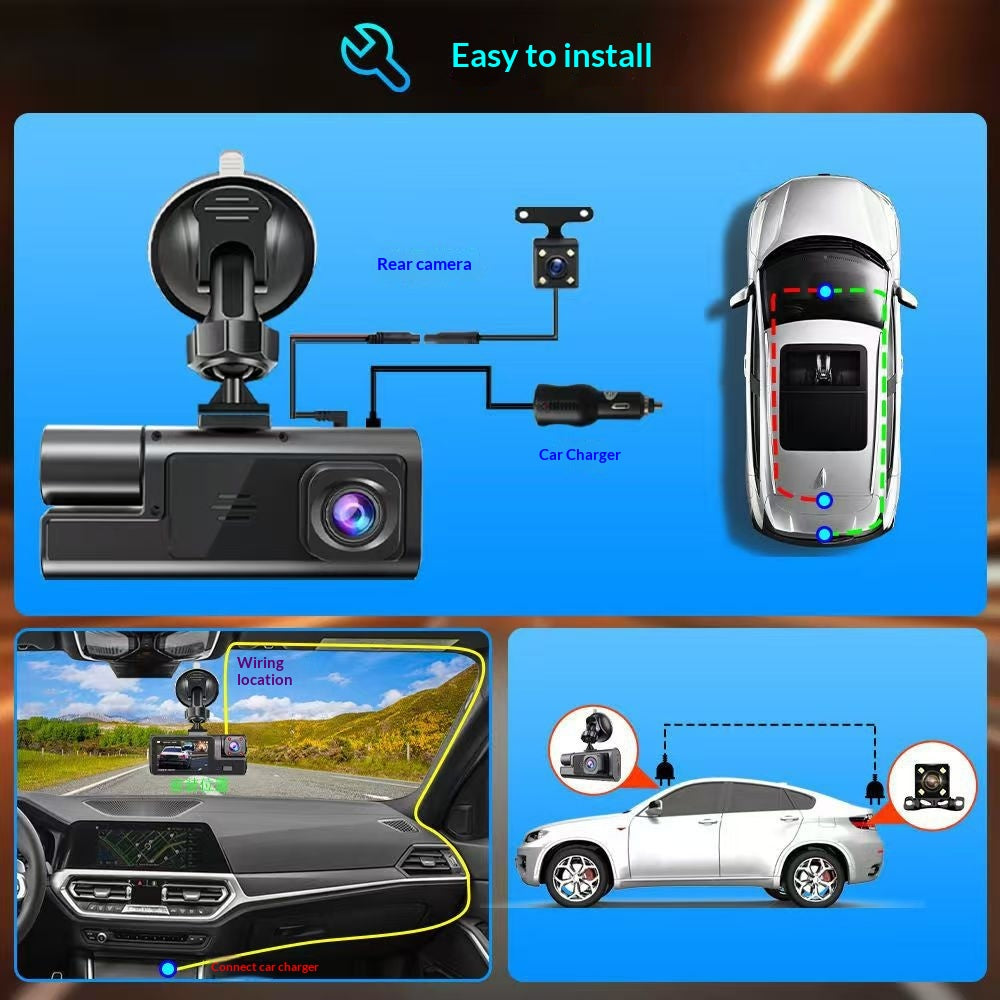 Dashcam per Auto a 3 Obiettivi da 2 Pollici - HD 1080P con Visione Notturna