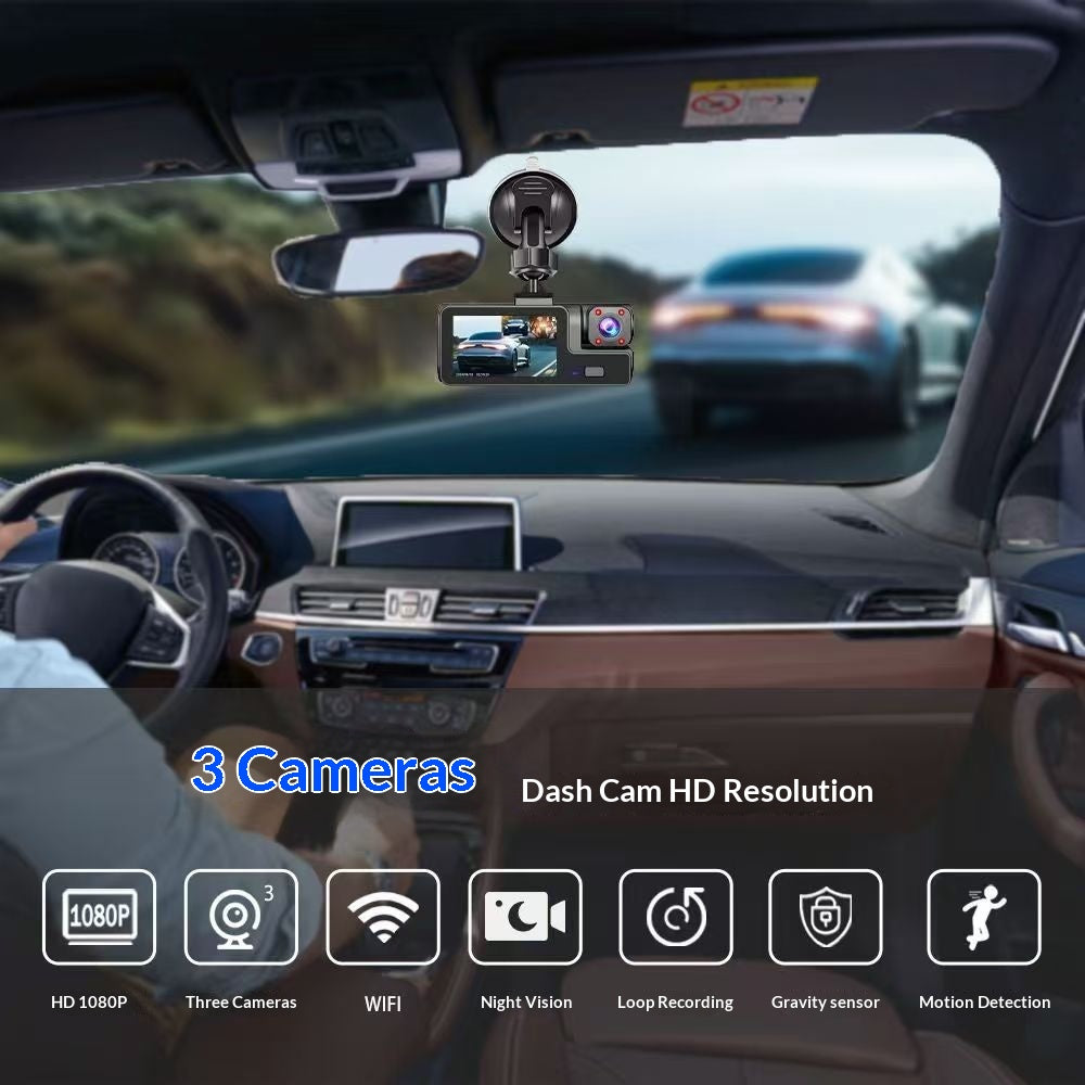 Dashcam per Auto a 3 Obiettivi da 2 Pollici - HD 1080P con Visione Notturna