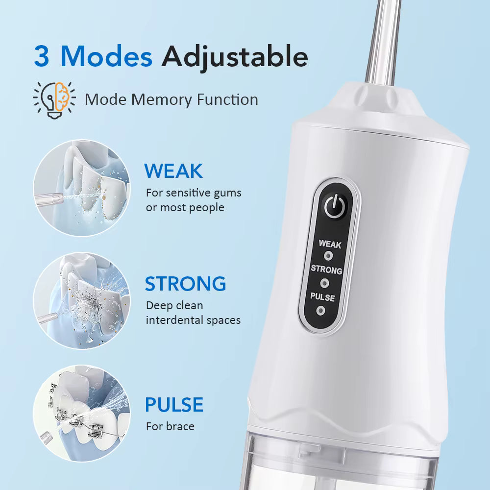 Idropulsore Dentale Portatile con 3 Modalità e 4 Ugelli - Idropulitore per Pulizia e Sbiancamento Denti